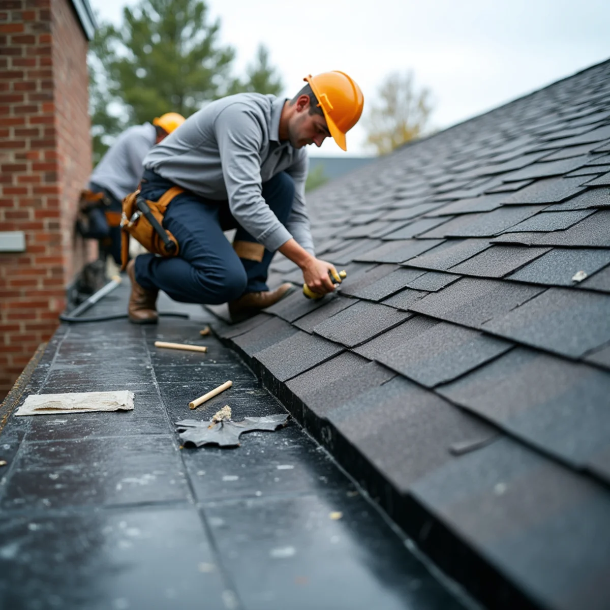 Roofers installing shingles over ice and water shield at the eaves