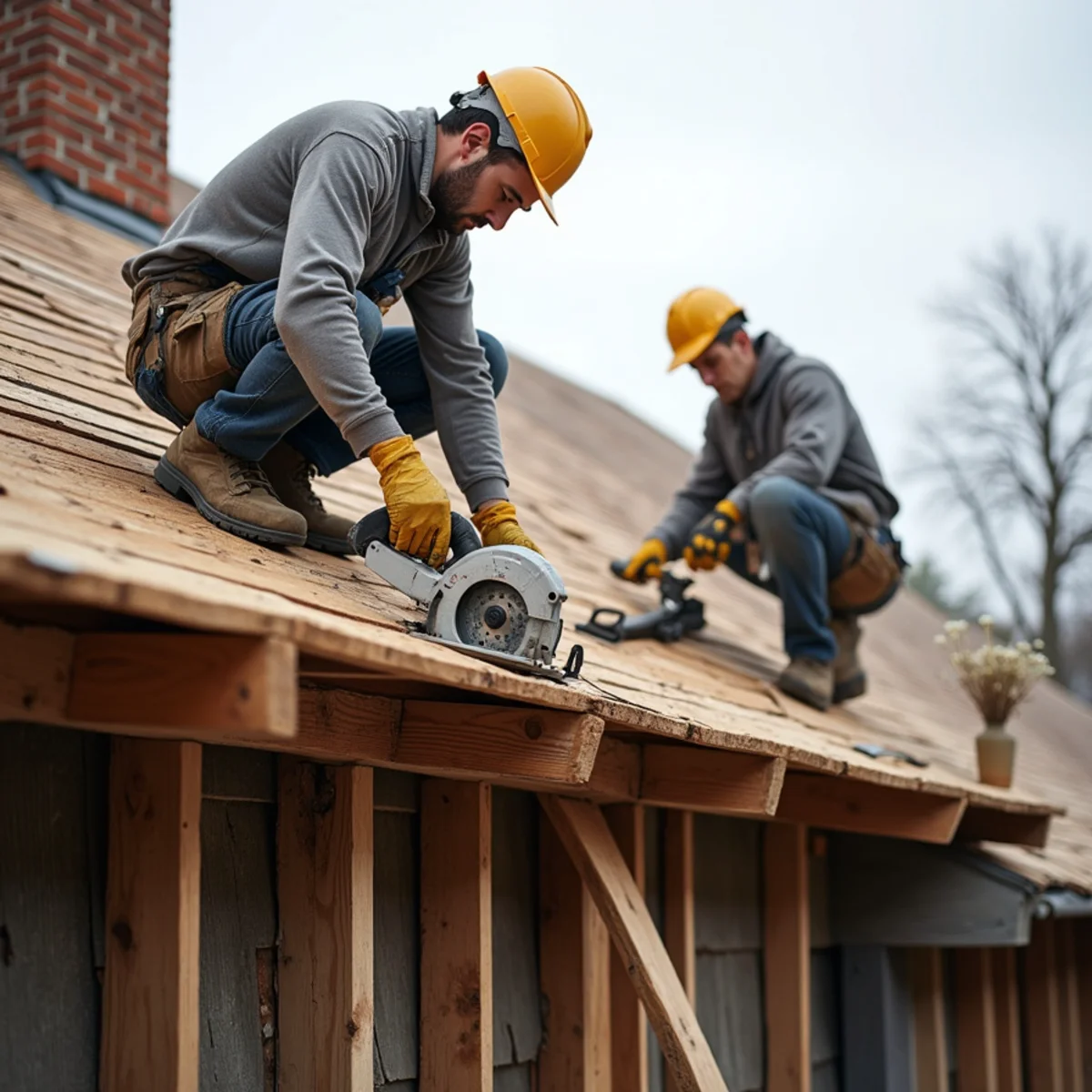 Rotted board sheathing being replaced on a century-old Massachusetts roof deck
