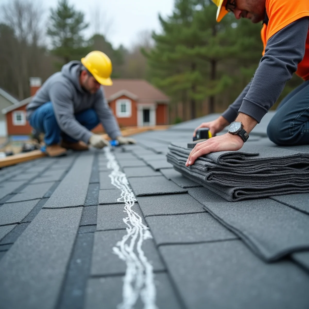 Chalk lines and staged architectural shingles on a prepared roof deck