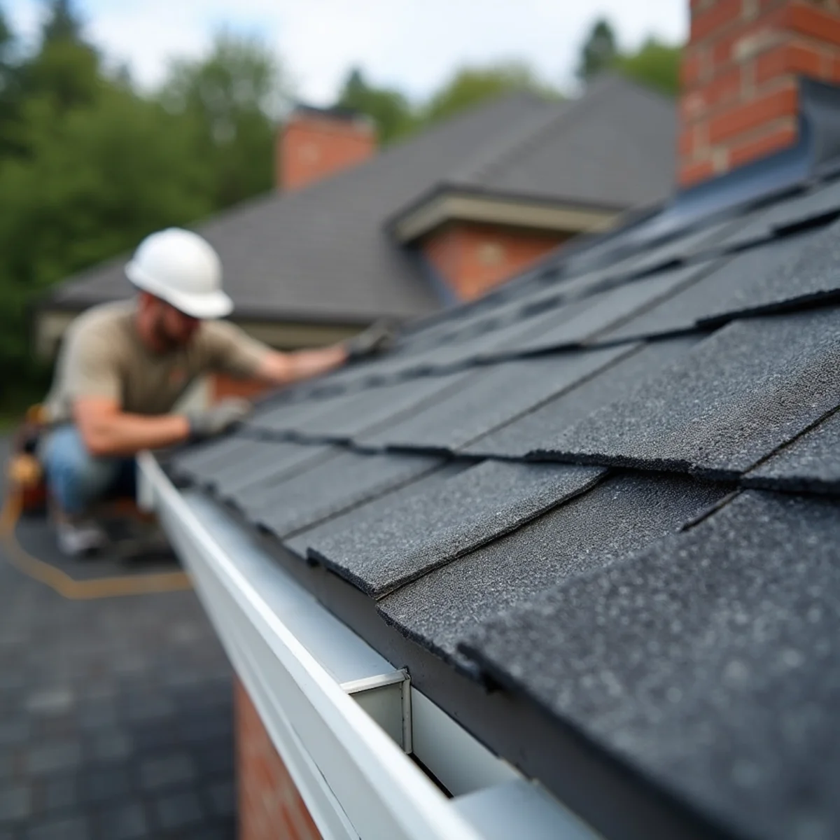 Matching starter strip and ventilated ridge cap on an asphalt shingle roof