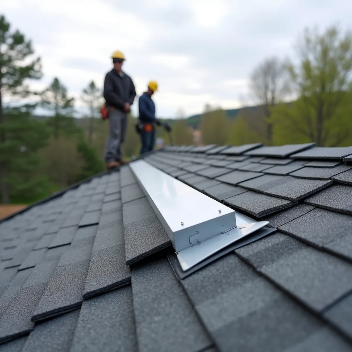 Continuous ridge vent cut and capped along the peak of a roof