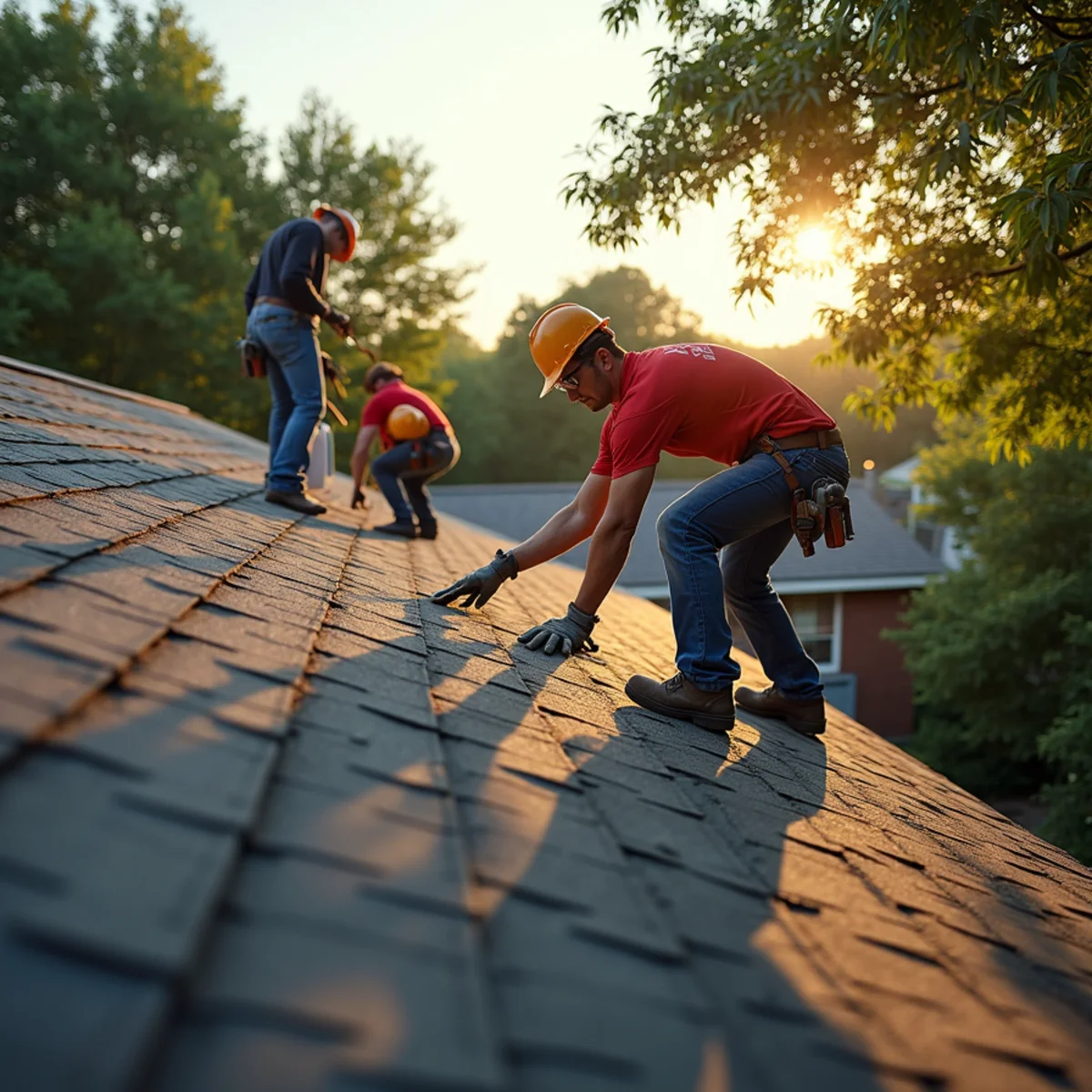 Roofing crew starting early on a summer morning to beat the heat