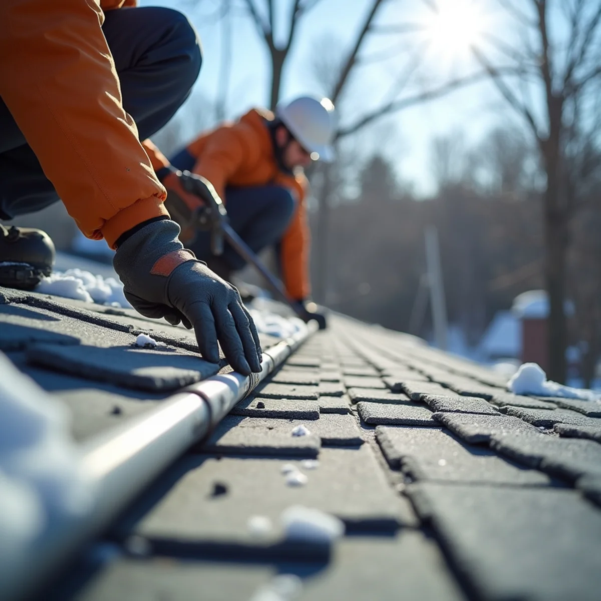 Hand-sealing shingle tabs during a cold-weather winter roof installation