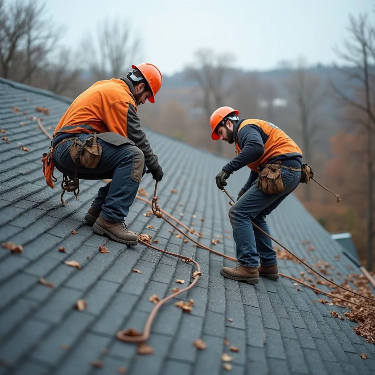 Roofing crew installing shingles on a New England home on a clear autumn day with bare trees behind