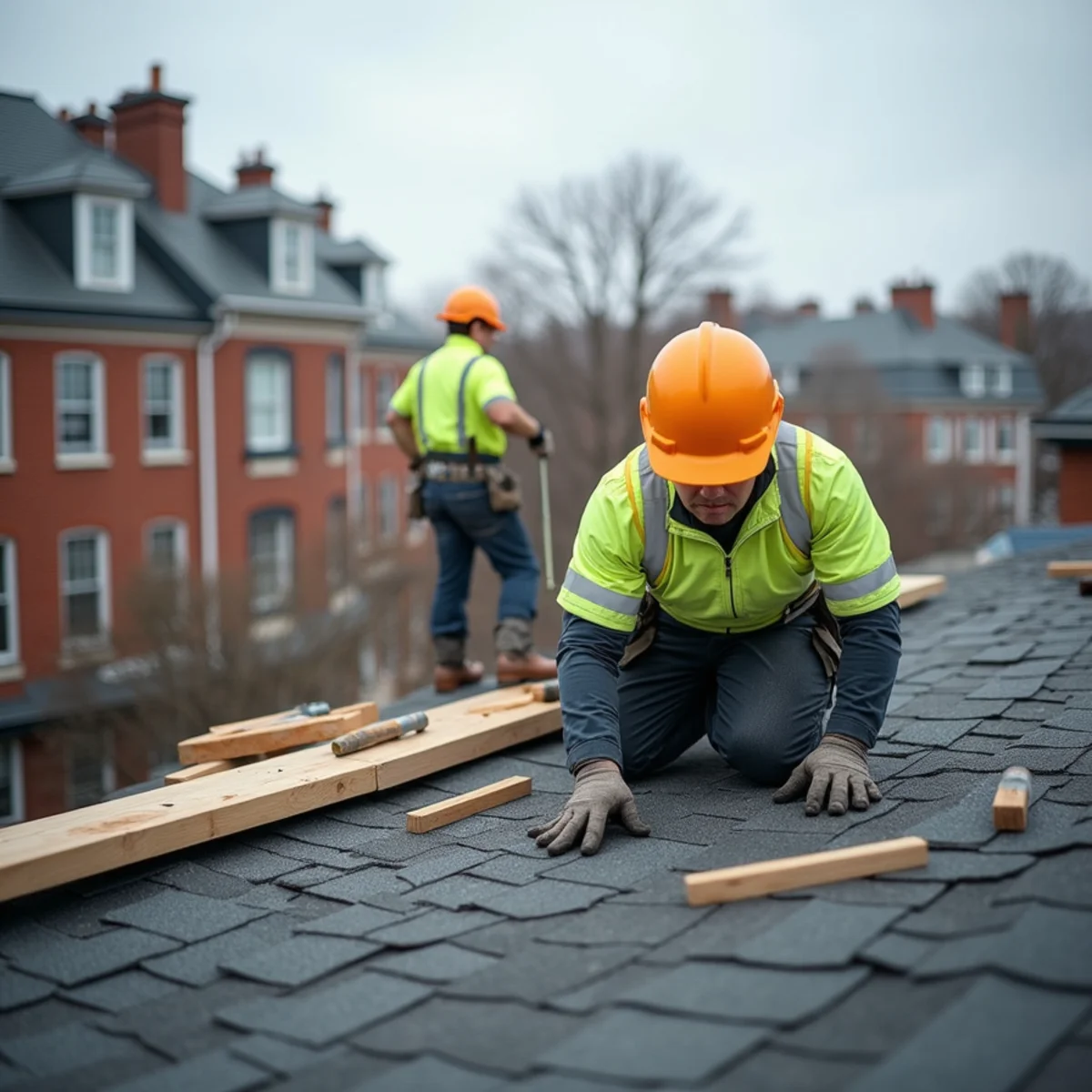 Continuous mansard slate roofline above brick bowfront row houses in Boston's South End Landmark District