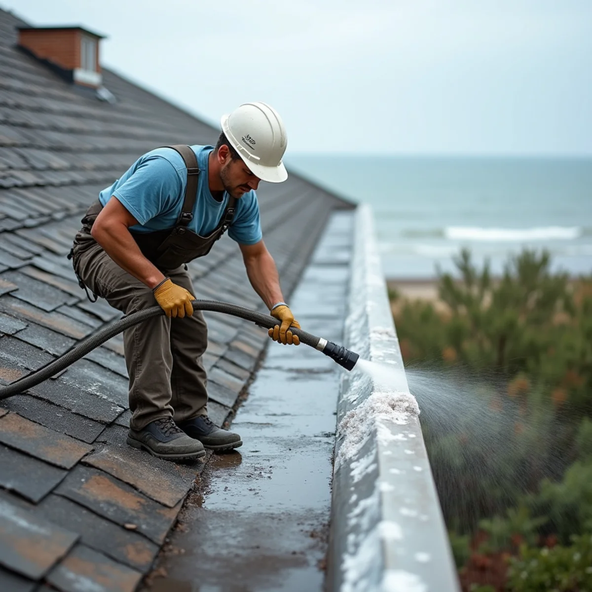 Rinsing salt residue from roof edge metal on a coastal Massachusetts home