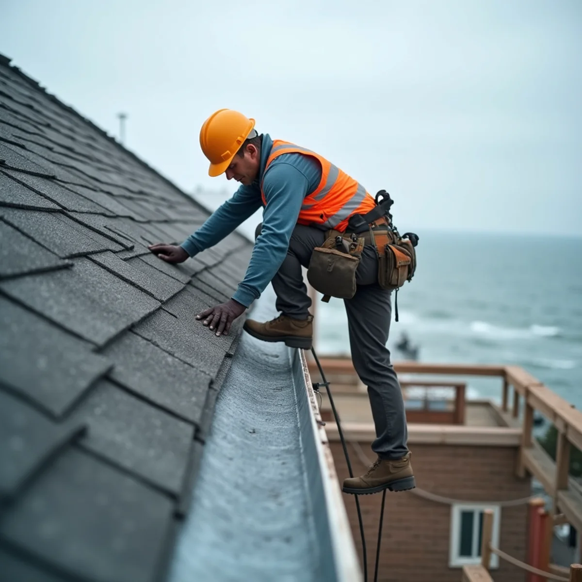 Checking drip edge and rake edge on an exposed coastal roofline