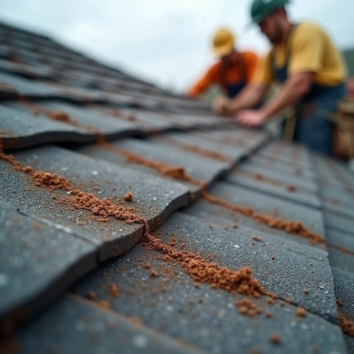 Rust bleeding from corroded nail heads on a coastal roof