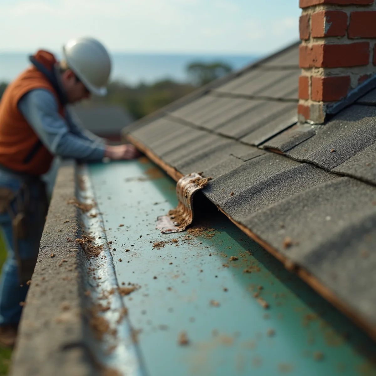Salt-corroded flashing and galvanic staining at a coastal roof transition
