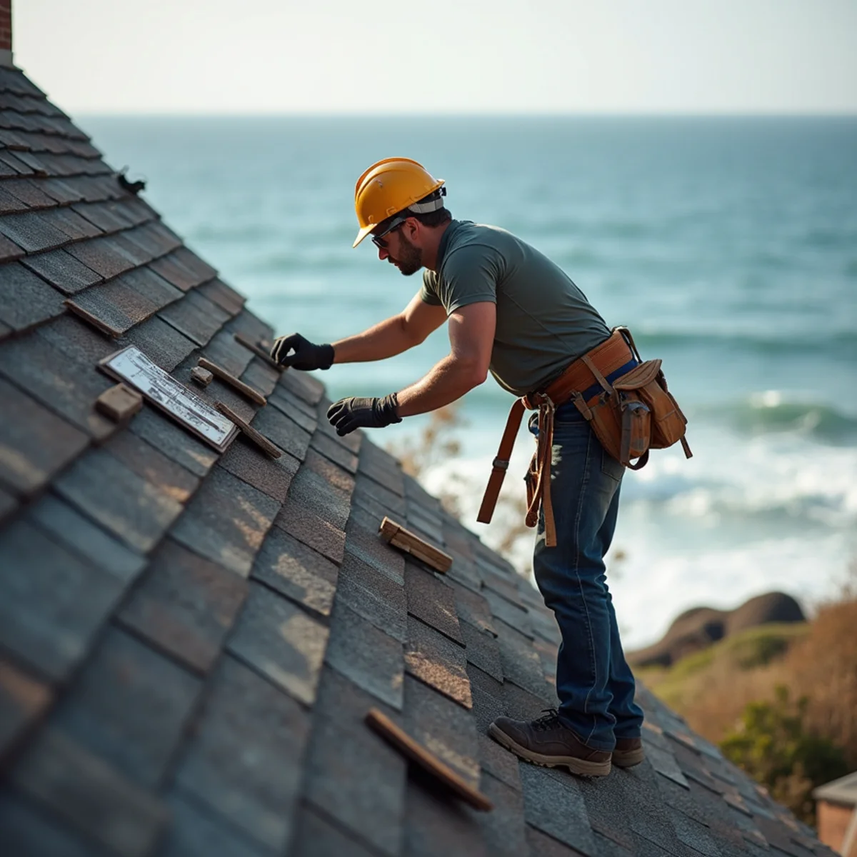 Post-storm roof inspection on an exposed North Shore coastal home