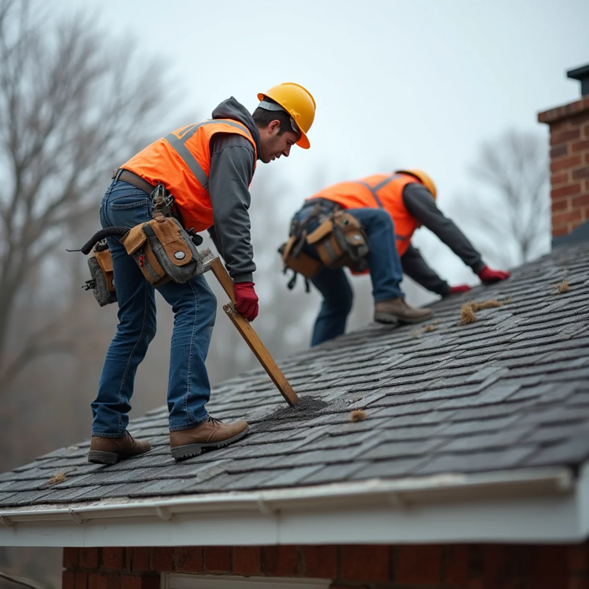Wind-damaged asphalt shingle roof on a Boston triple-decker being documented for a Massachusetts homeowners insurance claim