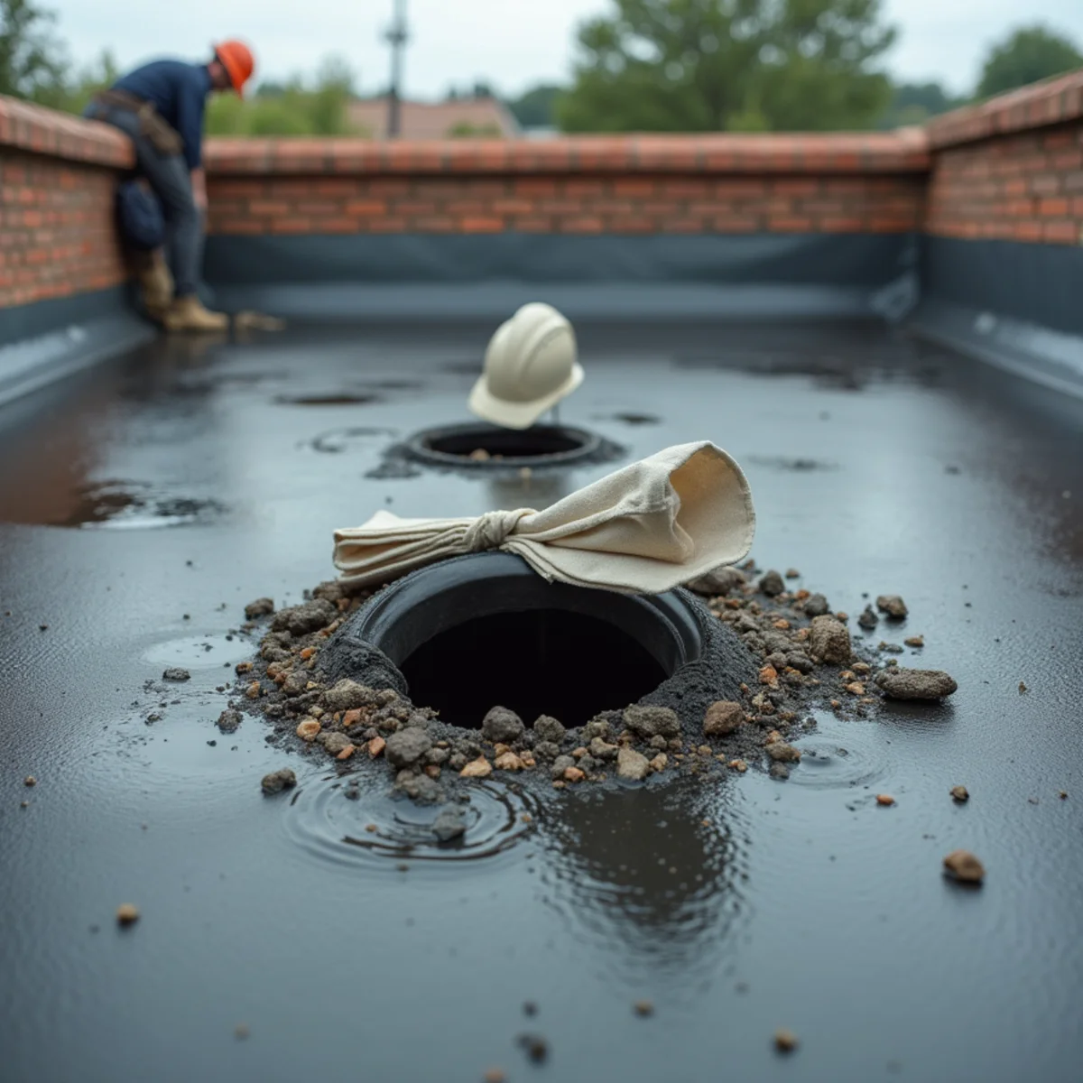 Blocked drain and scupper backing water up on a flat roof