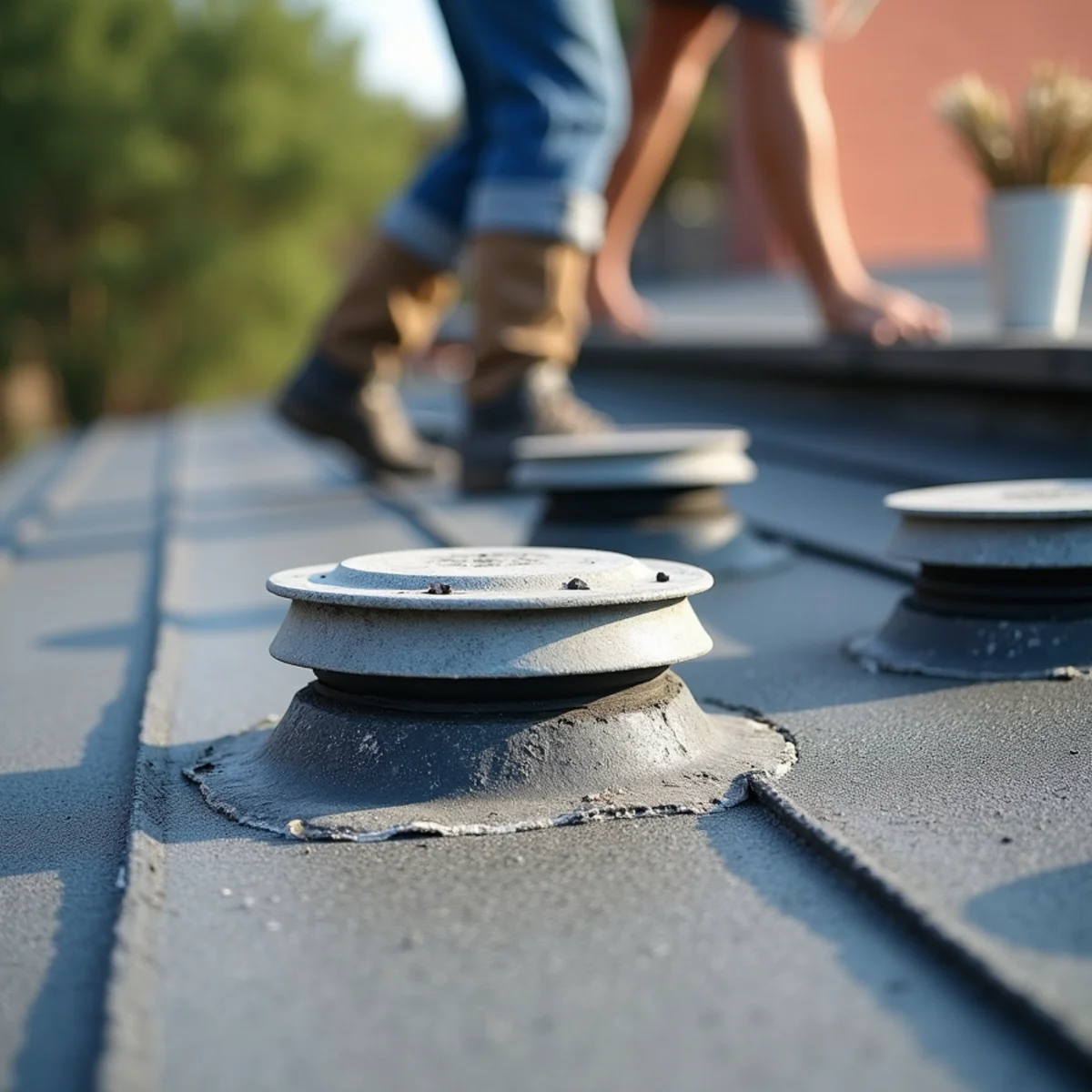 Aged pitch pocket and vent penetrations on a low-slope membrane roof