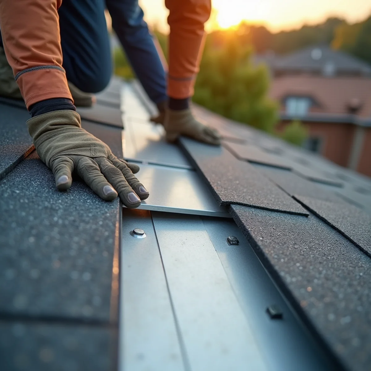 Transition between flat membrane deck and pitched shingle face on a triple-decker