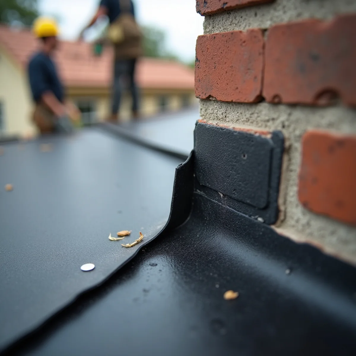 Membrane mechanically terminated at a wall with a metal bar and counterflashing