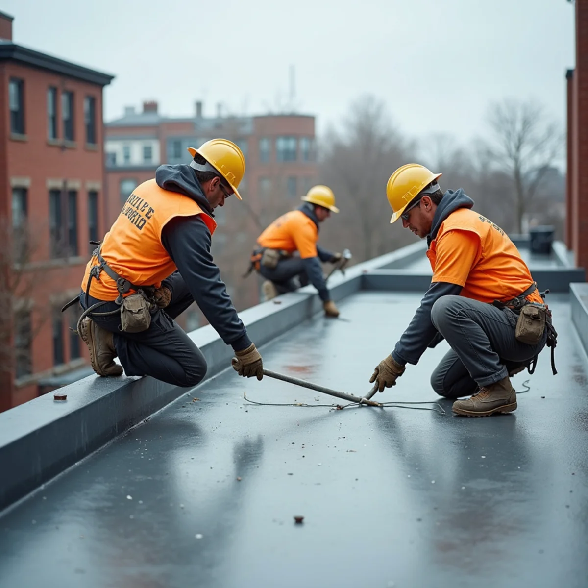 Single-ply membrane roof with seams and a scupper on the flat deck of a Boston triple-decker