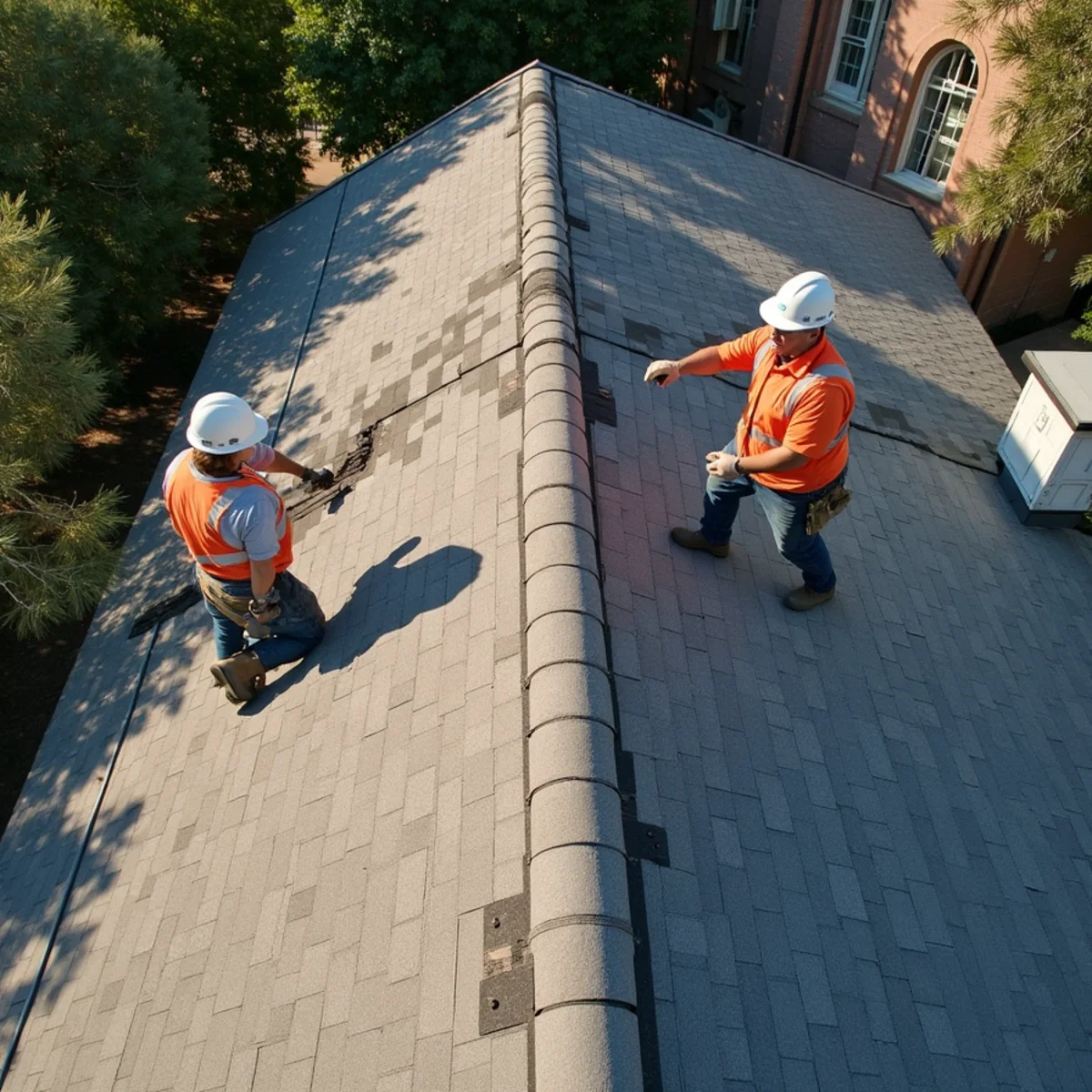 Shingles aged prematurely above a poorly ventilated roof section