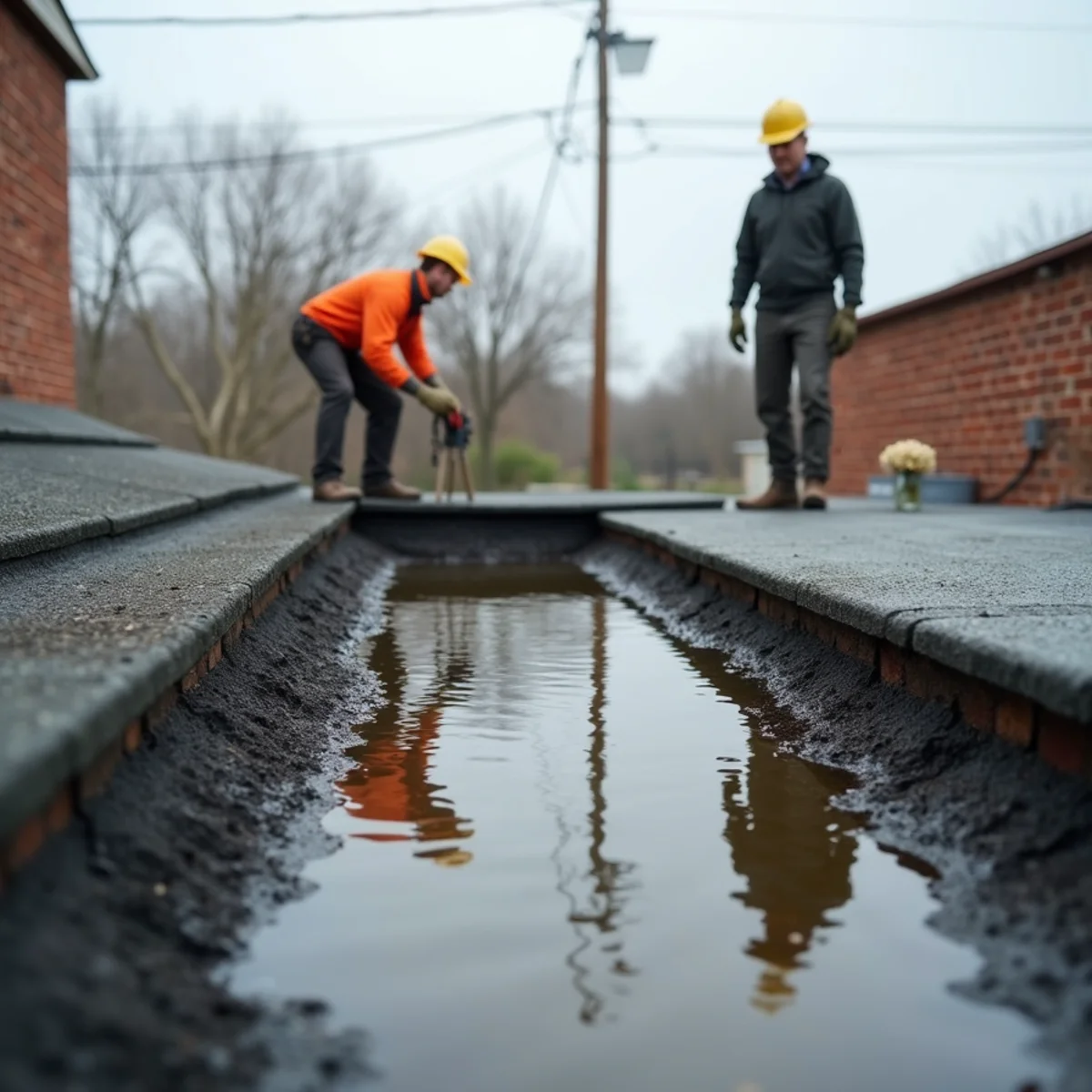 Ponding water sitting on a low-slope roof after rain