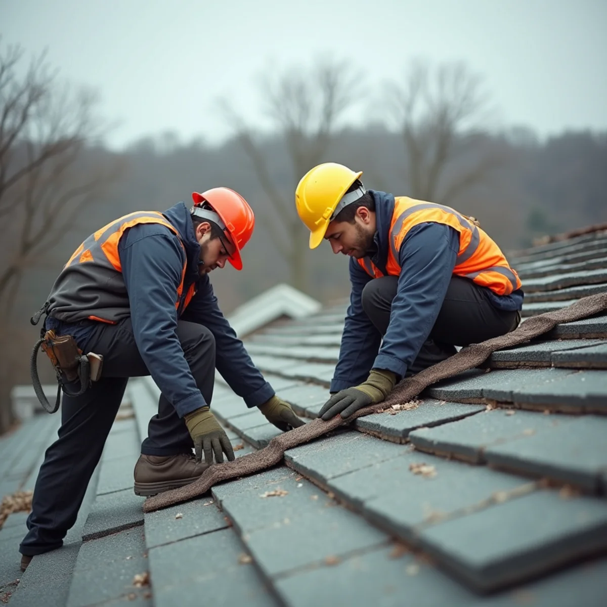 Aging asphalt shingle roof beside an original slate roof on neighbouring New England homes