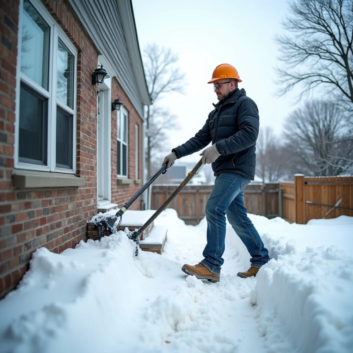 Using an extension roof rake from the ground to clear roof snow