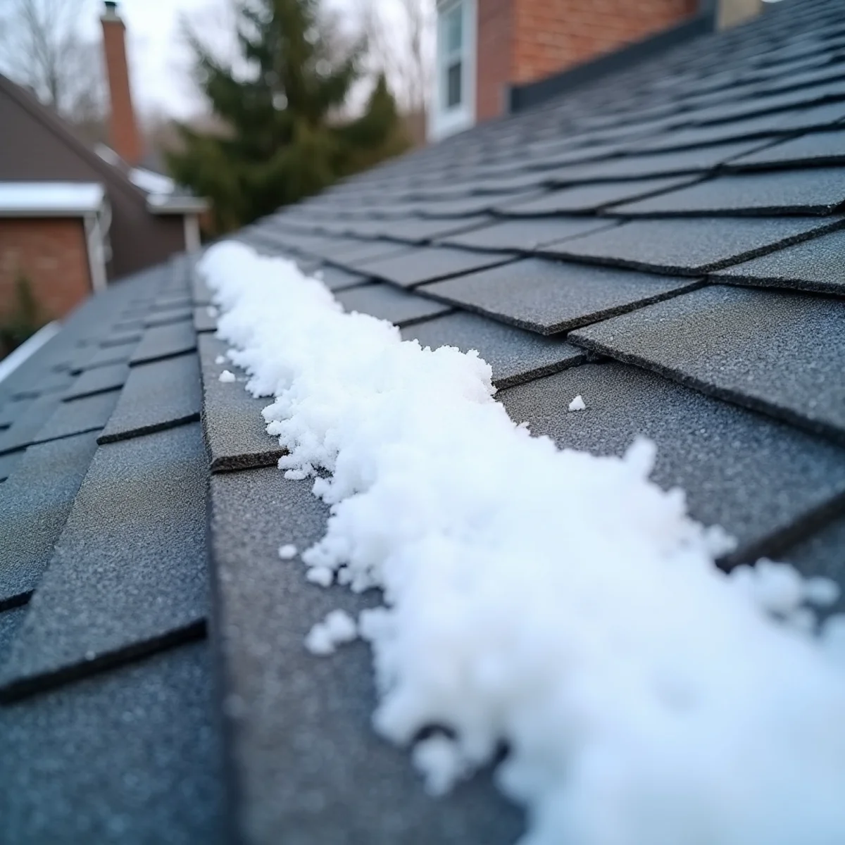 A thin snow cushion left on the shingles to protect the roof surface