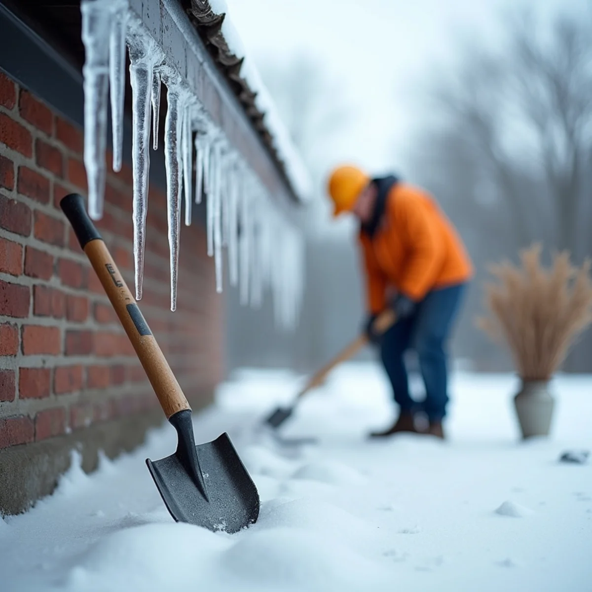 Metal tools left unused beside an ice dam to avoid puncturing the roof