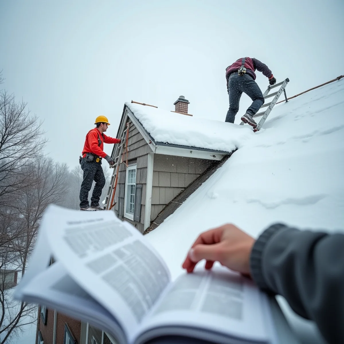 An untouched snow-covered roof with a ladder left at the eave