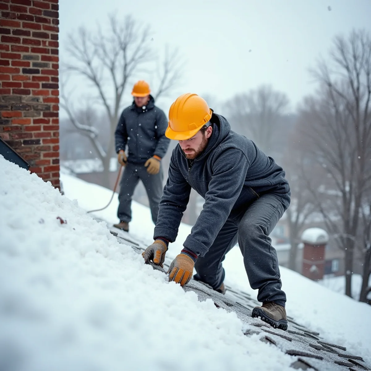 Deep snow load sitting on the flat central deck of a Dorchester triple-decker roof in Boston after a nor'easter