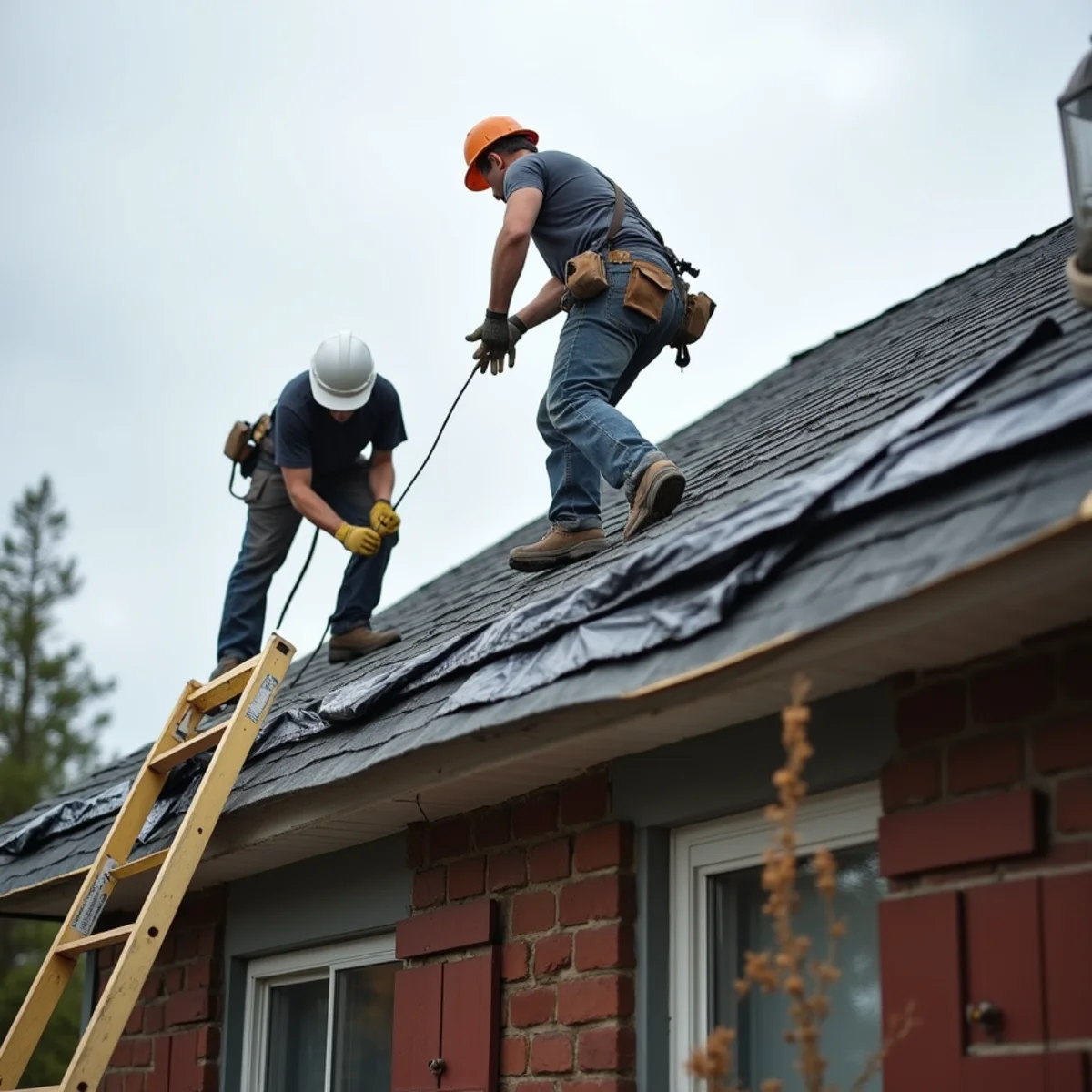 Battened tarp secured over the ridge of a storm-damaged roof