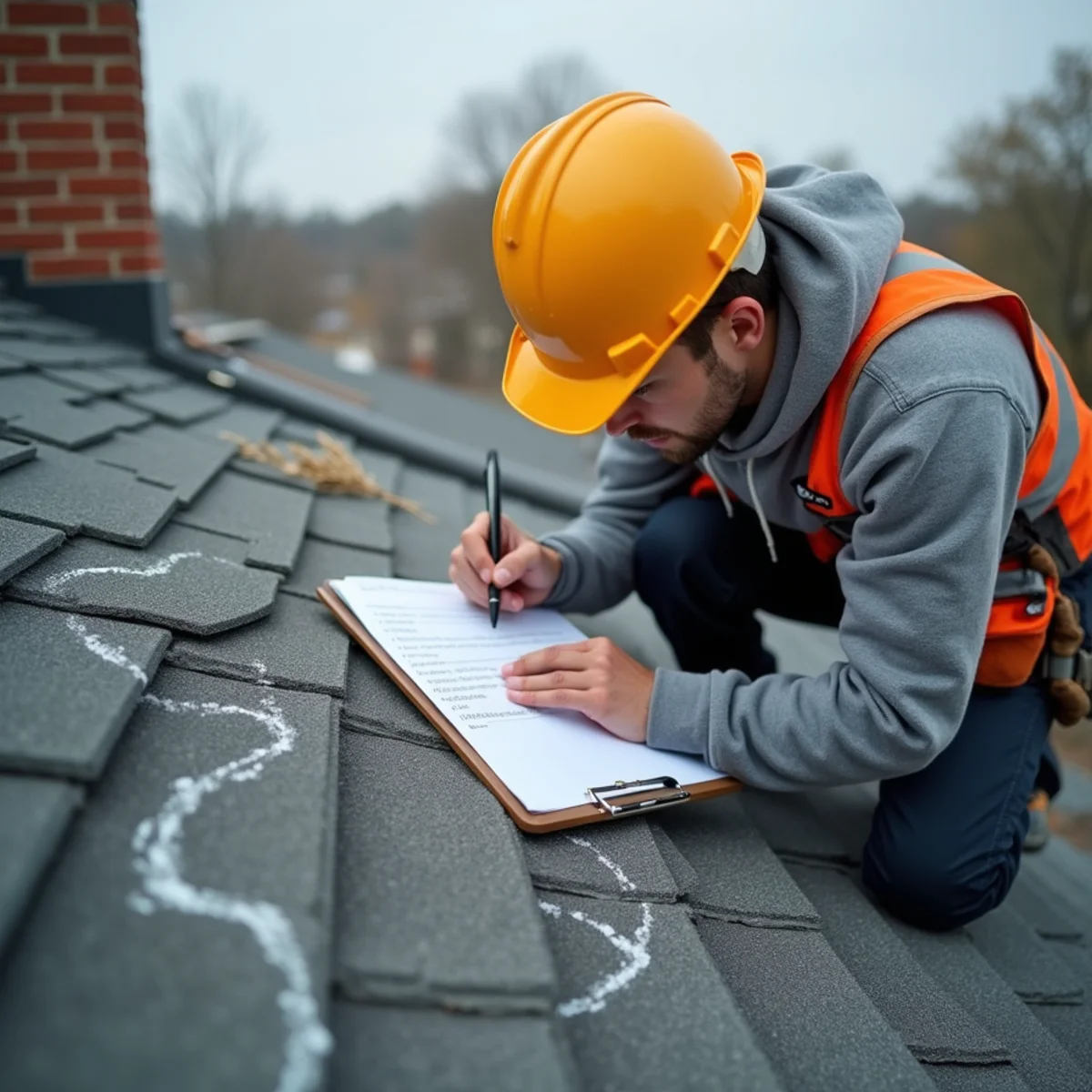 Roofer writing a line-item scope during a post-storm roof inspection