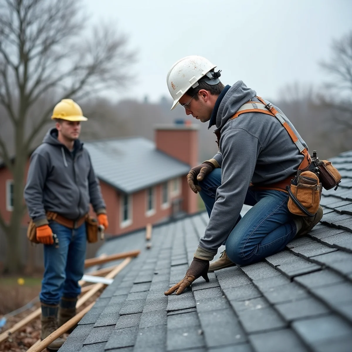 Emergency tarp battened over storm-torn shingles on a Revere triple-decker after a Massachusetts nor'easter