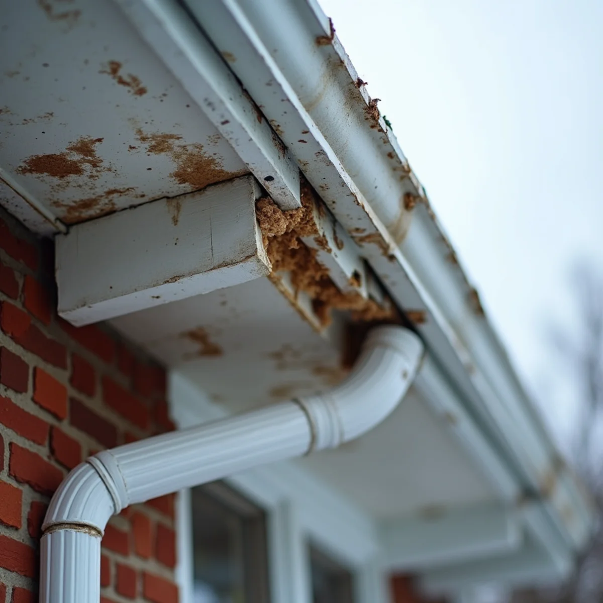 Rotted fascia and stained soffit from repeated ice dam damage