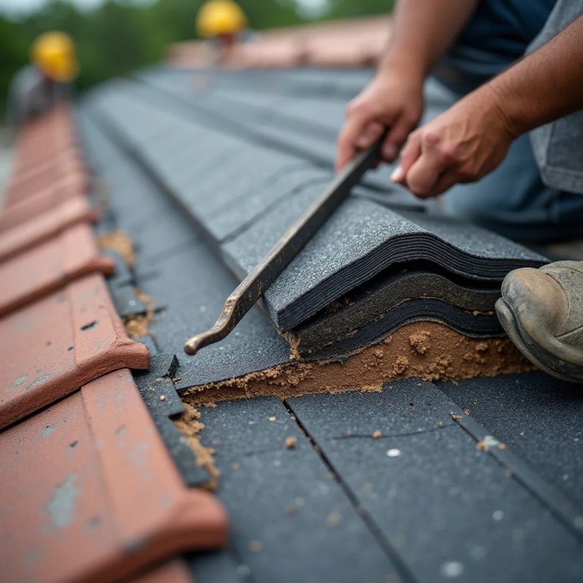 Two existing layers of asphalt shingles exposed at a roof edge