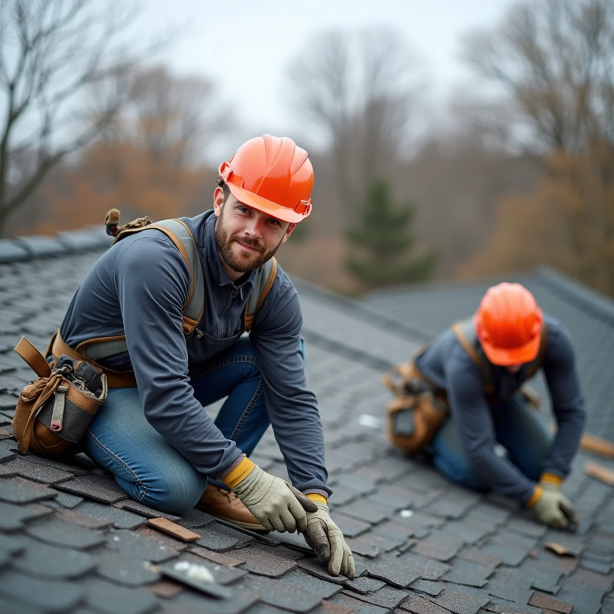 Roofing crew installing architectural asphalt shingles on a Dorchester triple-decker in Boston, Massachusetts