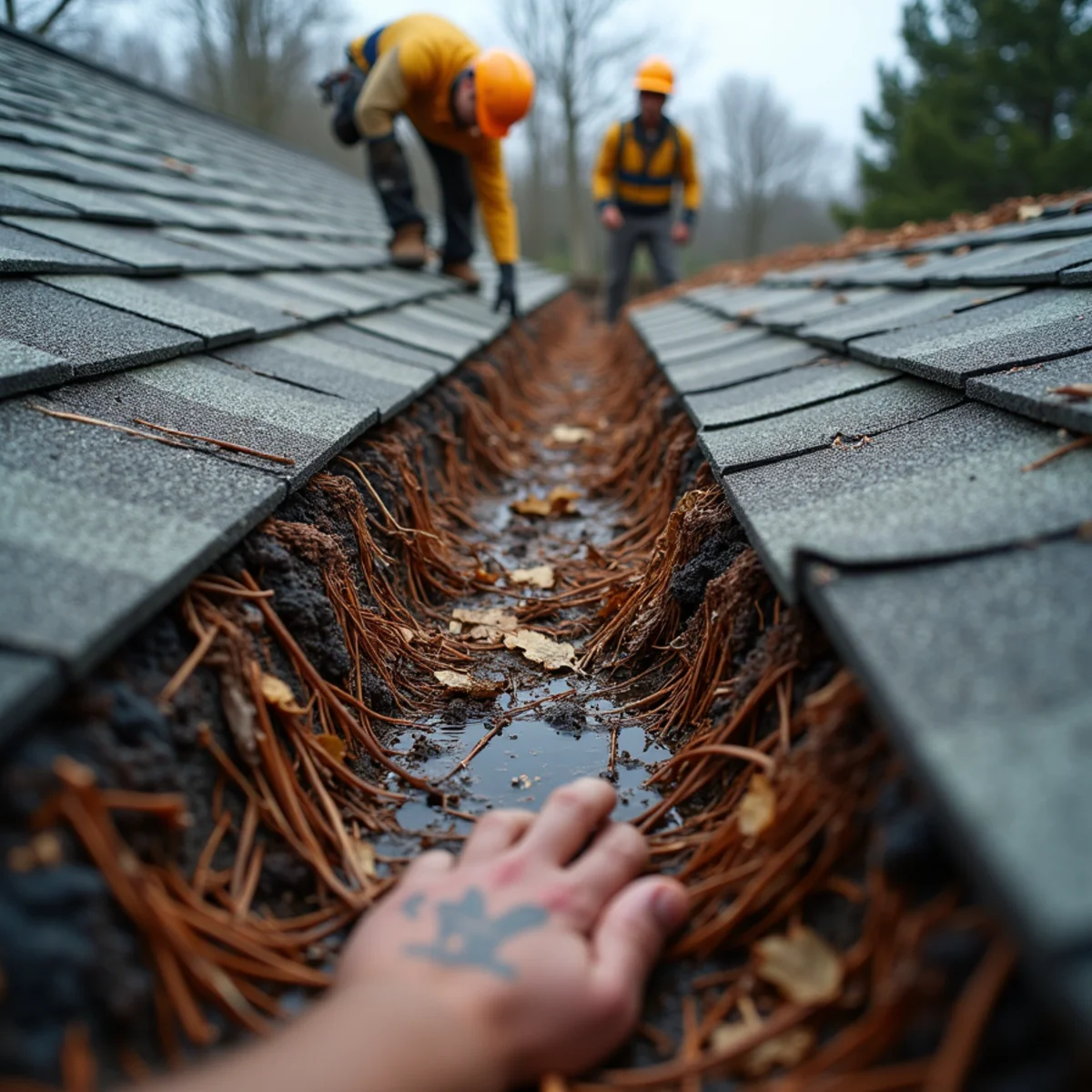 Debris-packed roof valley backing water under the shingle courses