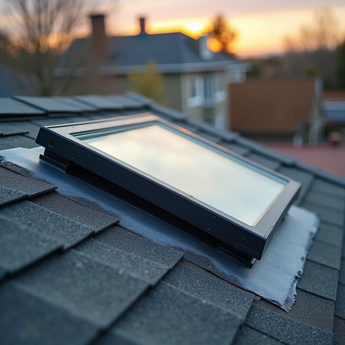 Skylight head flashing sealed with caulk instead of a proper saddle