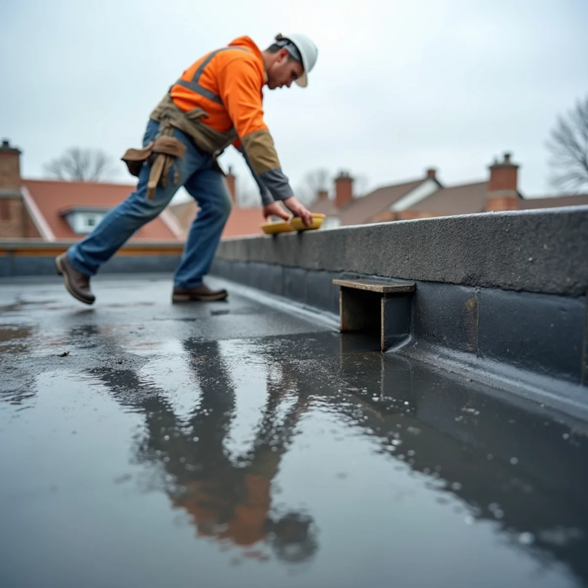 Blocked drain and failed parapet coping on a Boston low-slope roof