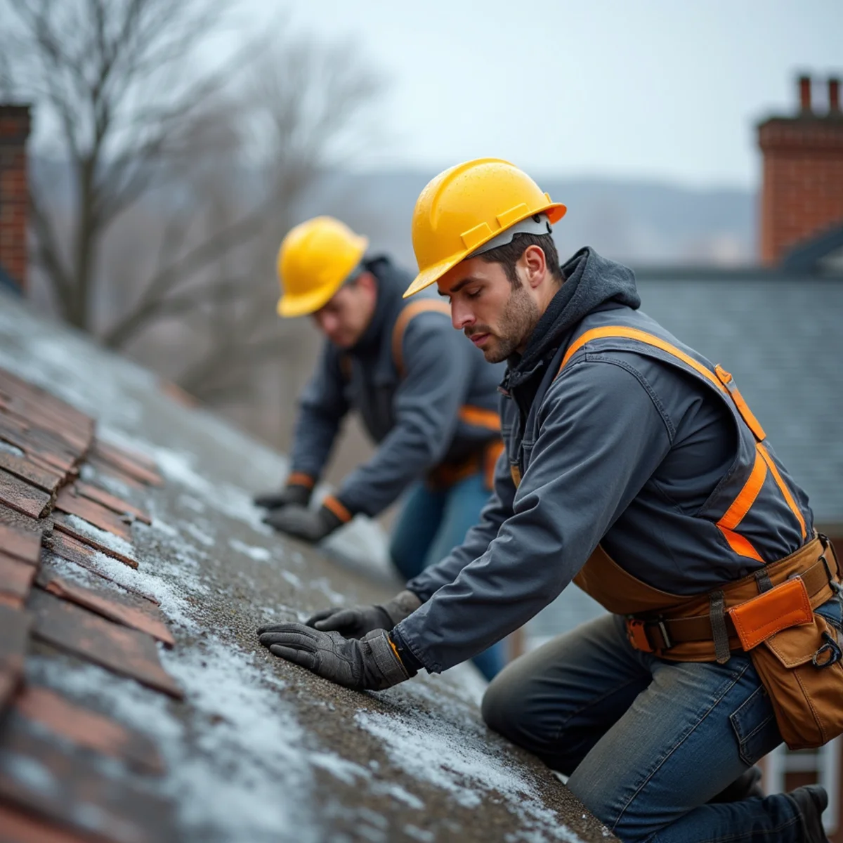 Water staining spreading across a plaster ceiling below a roof valley in a Boston triple-decker
