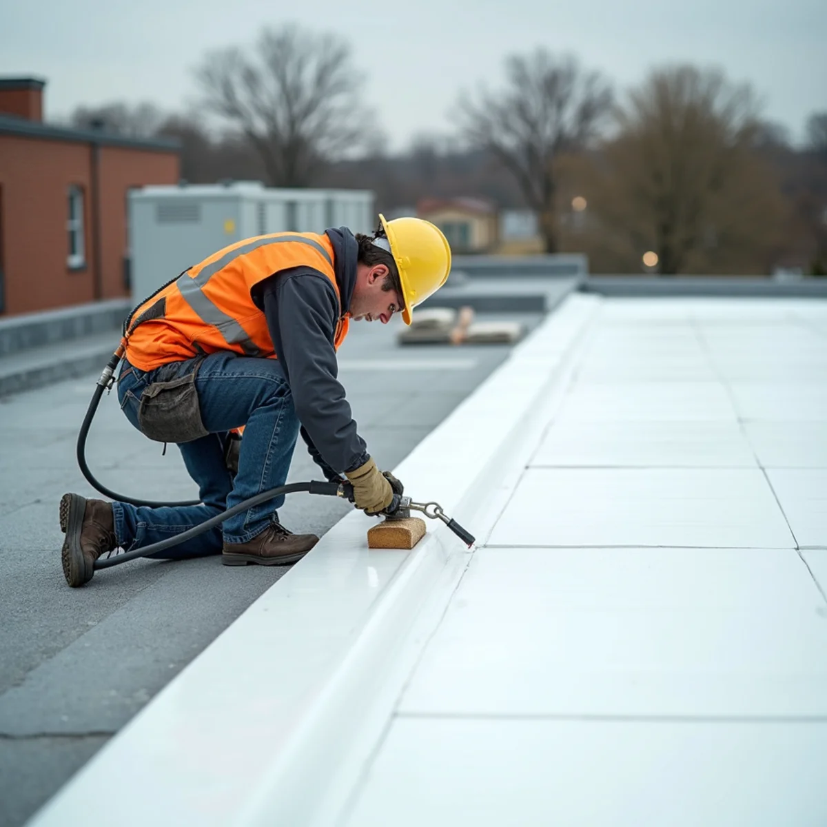 Hot-air welding a TPO seam on a Boston commercial roof