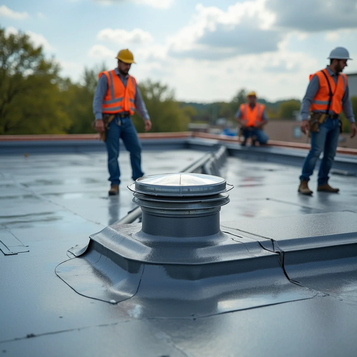 Correctly flashed rooftop HVAC curb on a commercial low-slope roof