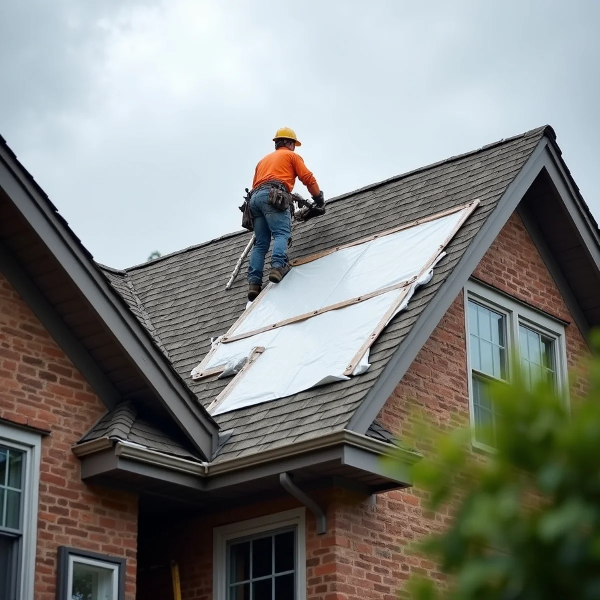 Battened emergency tarp over a storm-damaged roof section