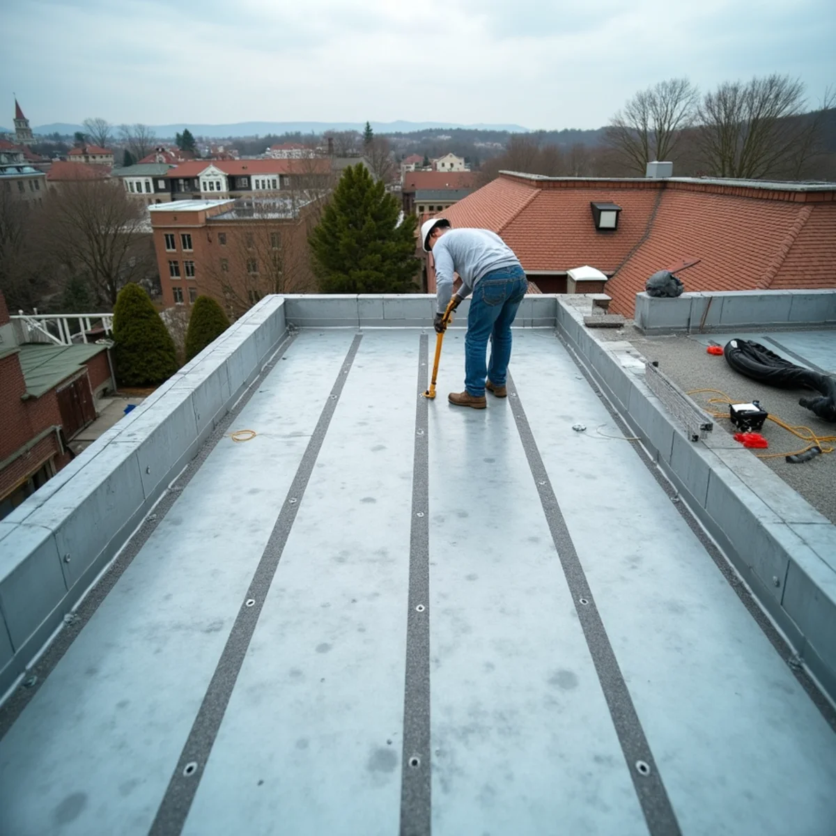 Tapered insulation creating drainage fall on a Boston flat roof
