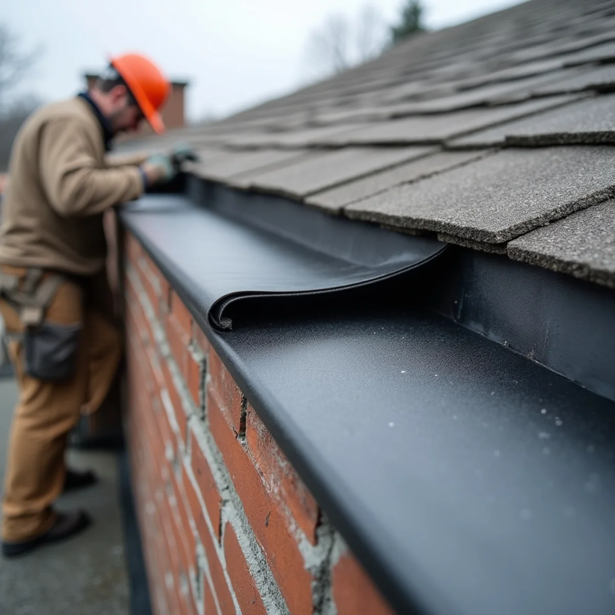EPDM membrane terminated and counterflashed at a parapet wall