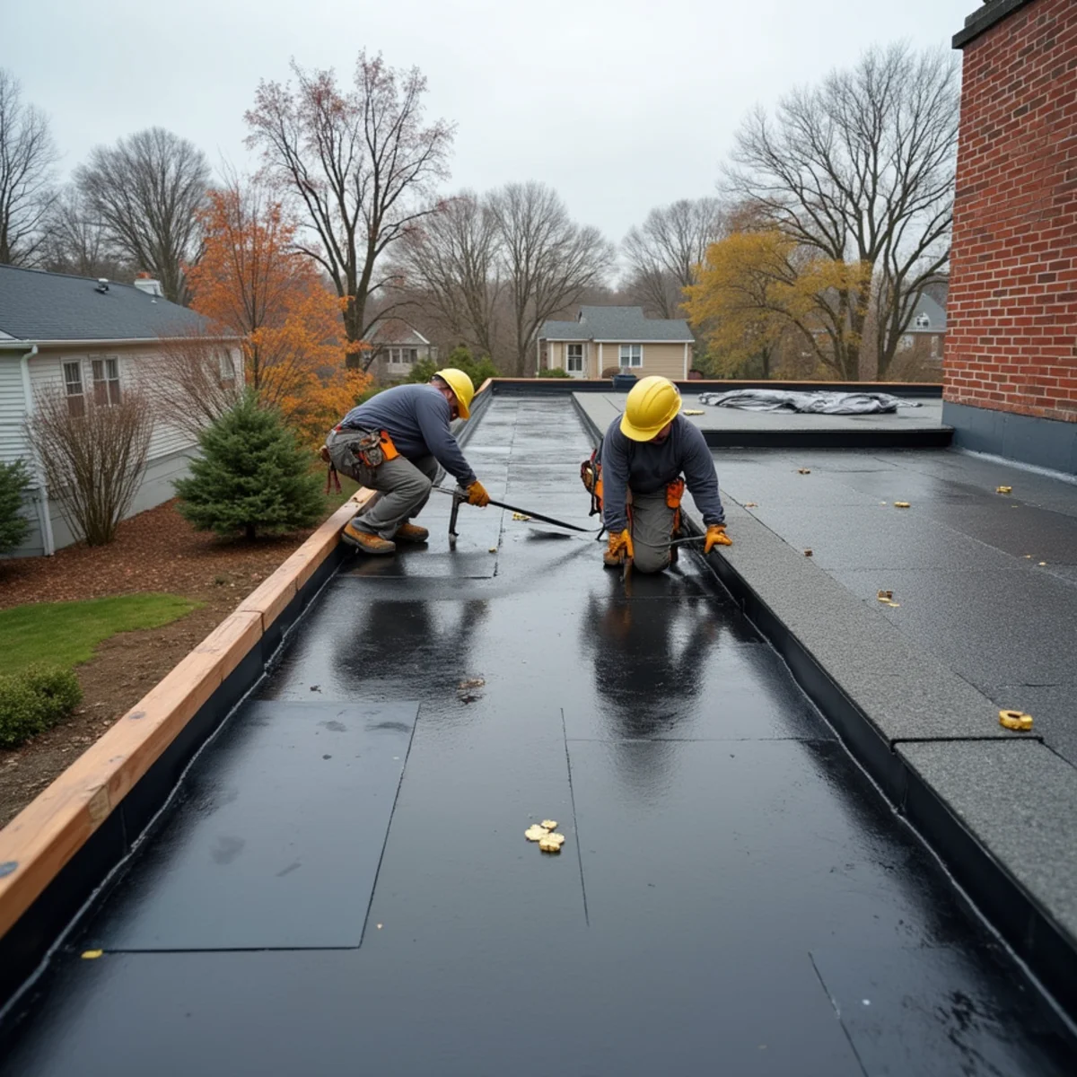 New 60-mil EPDM rubber flat roof installed on a Dorchester triple-decker in Boston, MA