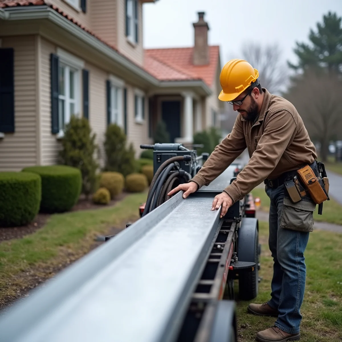 Seamless aluminium gutter rolled on site outside a Massachusetts home