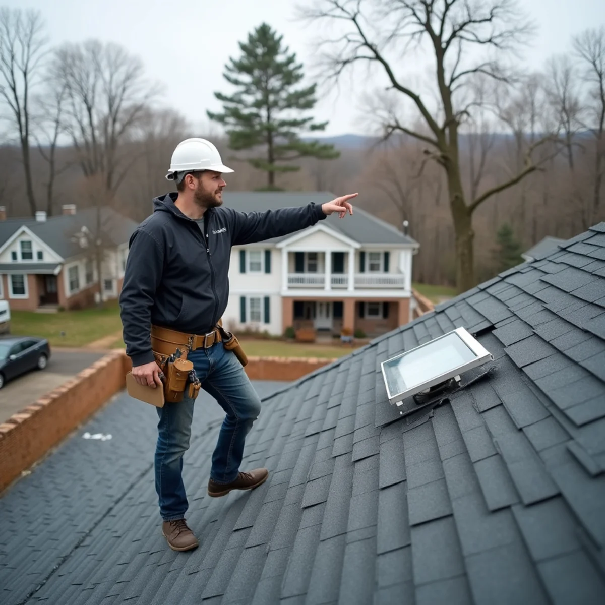 Owner of All Pro Phoenix Roofing inspecting a finished roof replacement near Boston