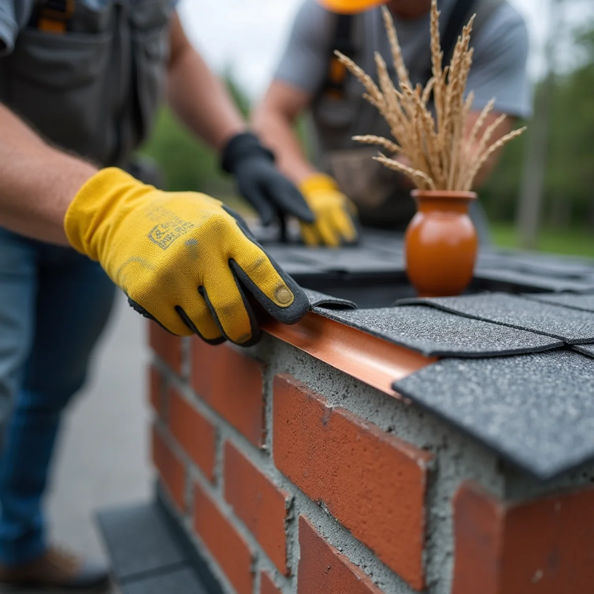 Copper chimney counterflashing set into raked mortar on a Boston roof