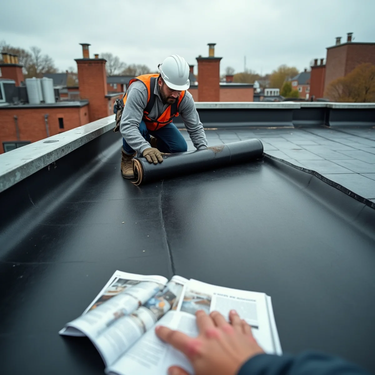 EPDM rubber membrane being installed on a flat triple-decker roof deck in Boston