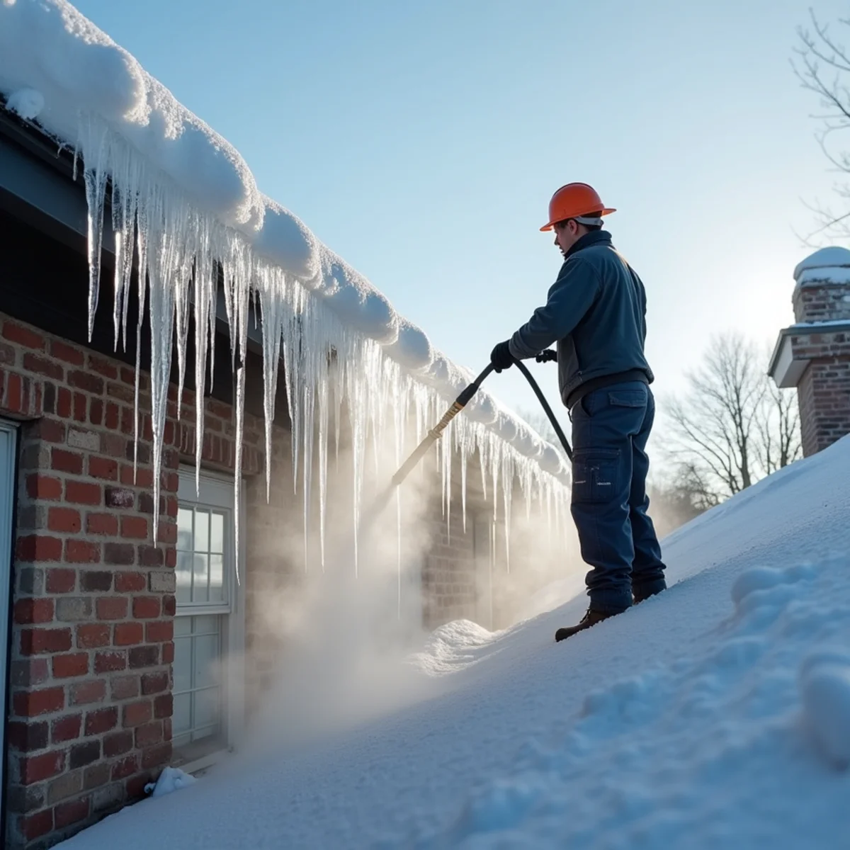 Low-pressure steam opening a drainage channel through a roof ice dam