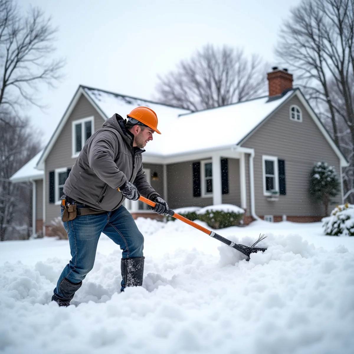 Clearing roof snow safely from the ground with an extension roof rake